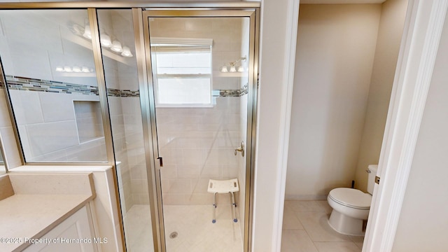 full bathroom with toilet, a stall shower, and tile patterned flooring