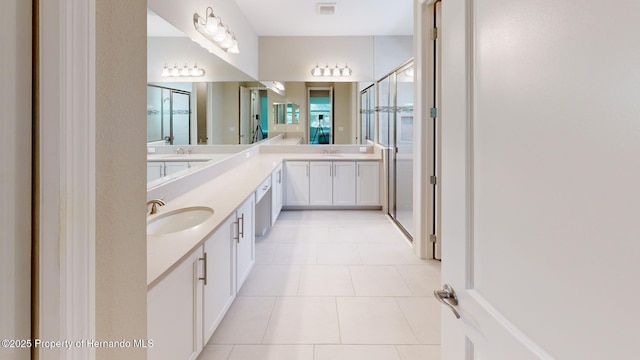 bathroom featuring visible vents, a sink, a shower stall, and double vanity