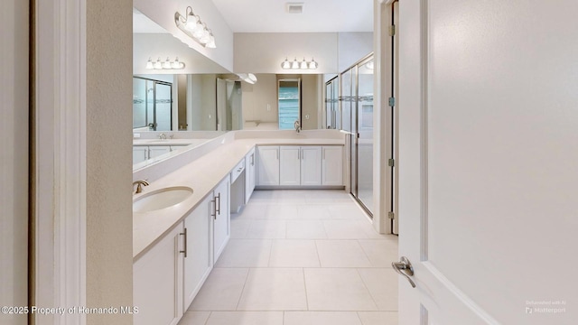 bathroom featuring tile patterned flooring, a sink, visible vents, a shower stall, and double vanity