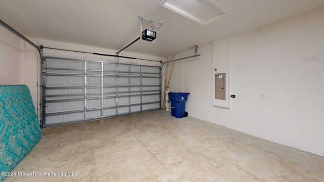 garage featuring electric panel and a garage door opener