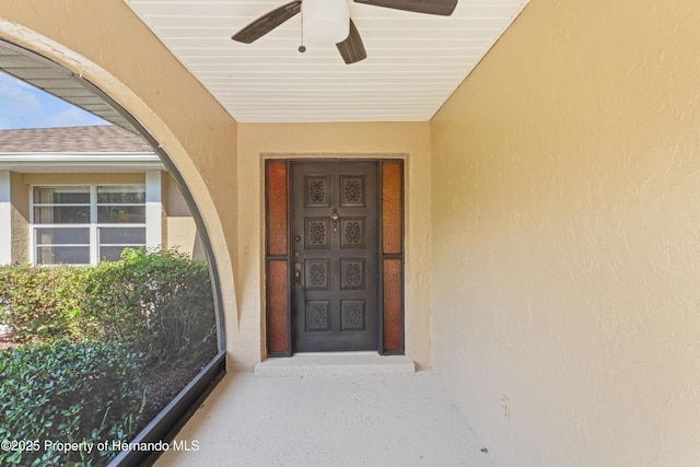 2013 Meredith Dr, Spring Hill, FL 34608 - doorway to property with stucco siding and a ceiling fan