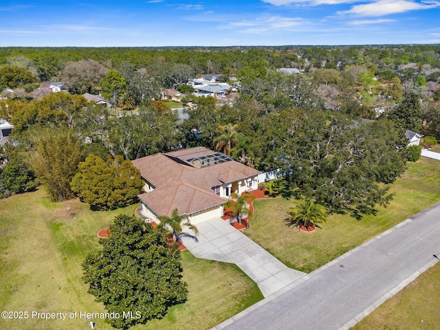 drone / aerial view featuring a view of trees