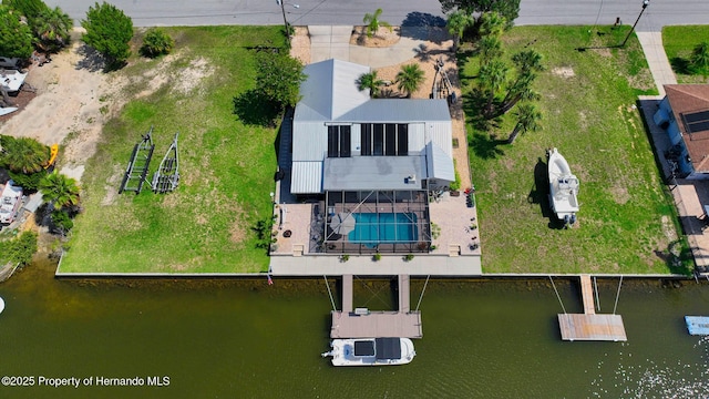 aerial view featuring a water view