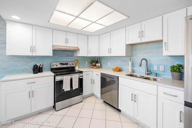 kitchen with stainless steel electric range, white cabinets, a sink, under cabinet range hood, and dishwashing machine