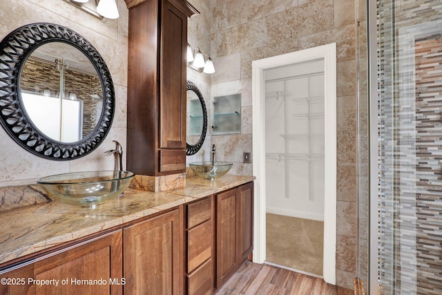 bathroom with a walk in closet, wood finished floors, a sink, and double vanity