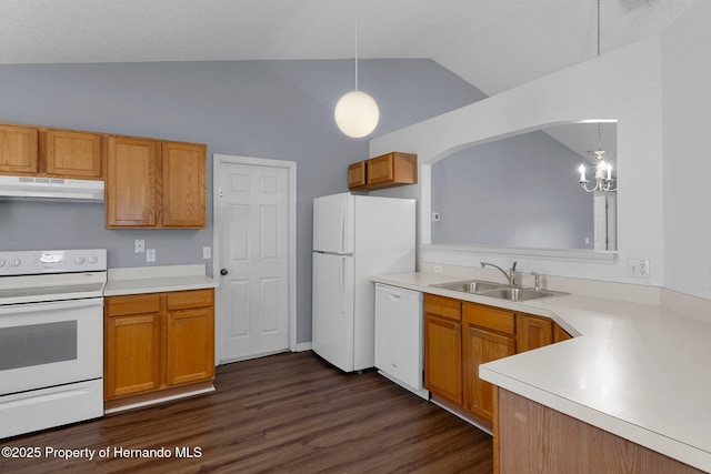 kitchen with white appliances, light countertops, a sink, and under cabinet range hood