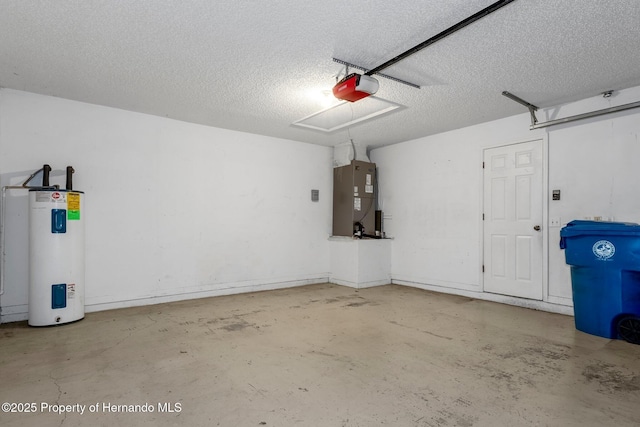 garage with heating unit, electric water heater, and a garage door opener