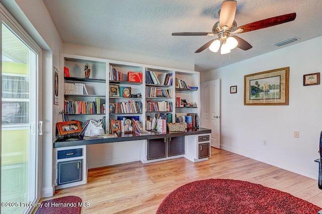 sitting room featuring light wood finished floors, visible vents, baseboards, ceiling fan, and a textured ceiling