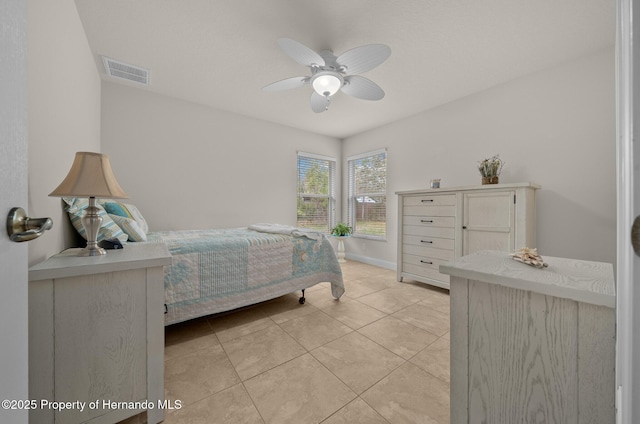 bedroom with light tile patterned floors, ceiling fan, visible vents, and baseboards