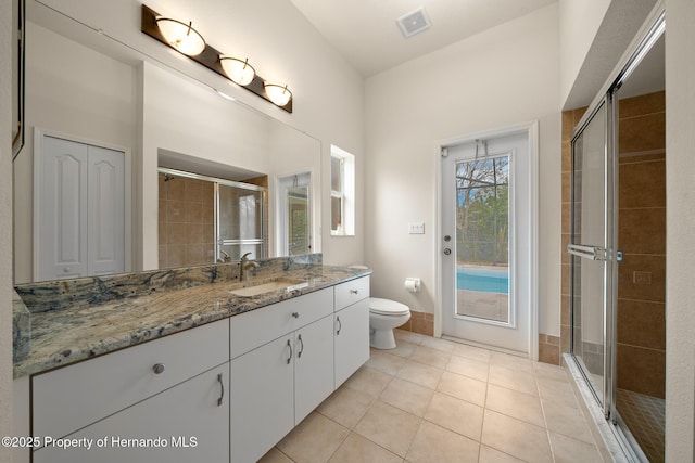 bathroom with toilet, vanity, visible vents, a shower stall, and tile patterned floors