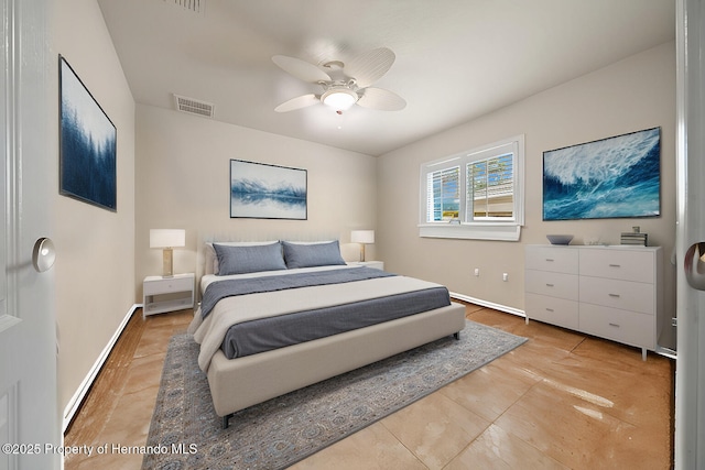 bedroom with ceiling fan, visible vents, and baseboards