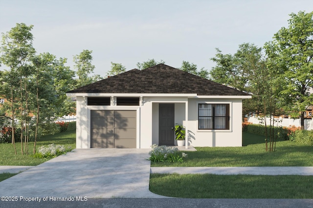 view of front of home with stucco siding, concrete driveway, a shingled roof, and a front lawn