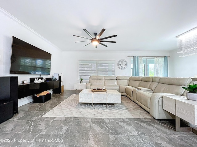 living room with marble finish floor, a ceiling fan, baseboards, and crown molding