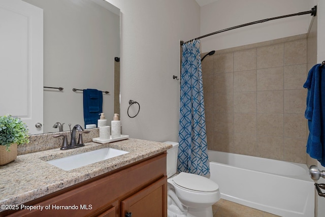 full bathroom with tile patterned flooring, vanity, toilet, and shower / tub combo with curtain