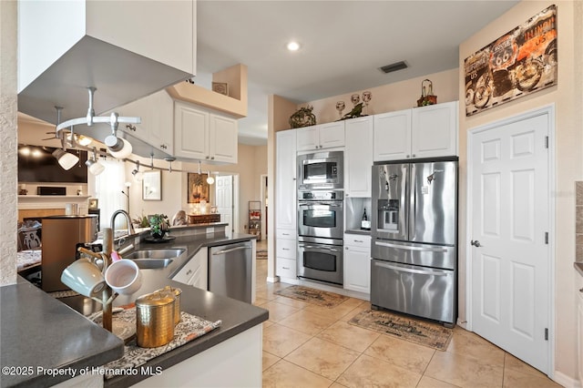 kitchen with stainless steel appliances, dark countertops, visible vents, white cabinets, and a sink