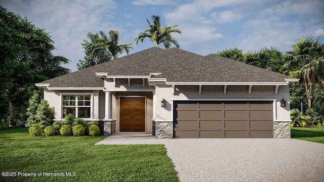 view of front of property with a front yard, an attached garage, stone siding, and stucco siding