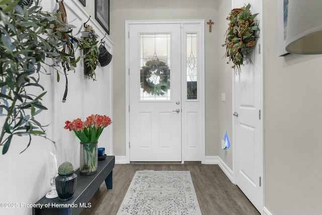 foyer with a healthy amount of sunlight, baseboards, and wood finished floors