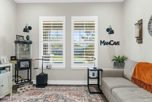 sitting room with baseboards and wood finished floors