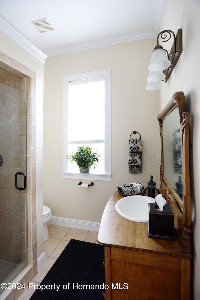 full bathroom featuring tile patterned flooring, visible vents, crown molding, and vanity