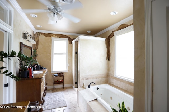 bathroom with crown molding, a shower stall, vanity, a jetted tub, and tile patterned floors