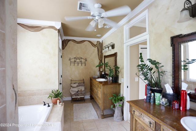 full bathroom featuring a garden tub, visible vents, ceiling fan, vanity, and tile patterned floors