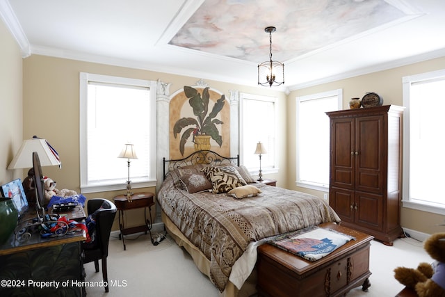 bedroom featuring ornamental molding, multiple windows, light carpet, and baseboards