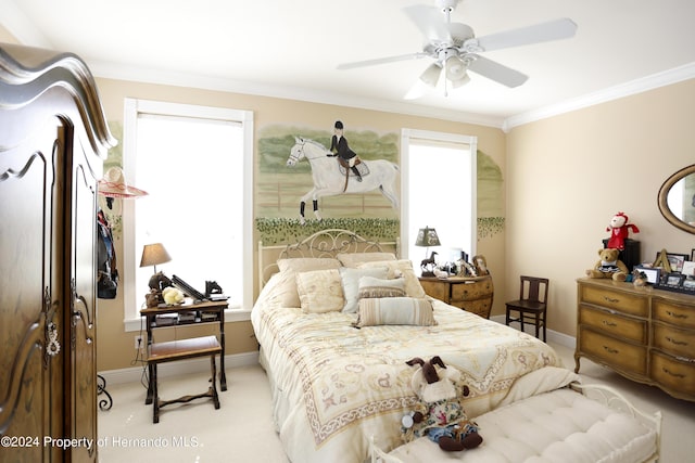 bedroom featuring ceiling fan, ornamental molding, carpet flooring, and baseboards