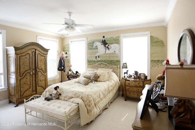 bedroom with ornamental molding, a ceiling fan, and light colored carpet