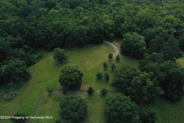 bird's eye view with a wooded view