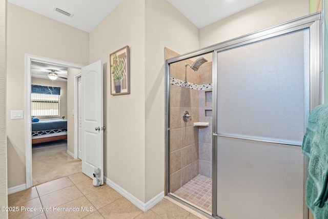 ensuite bathroom with ensuite bath, a shower stall, visible vents, and tile patterned floors