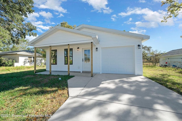 view of front facade featuring concrete driveway, a front lawn, a porch, and an attached garage