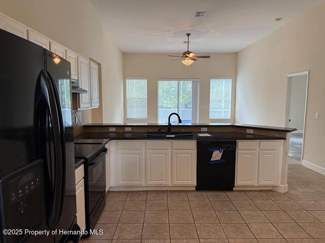 5165 Greystone Dr, Spring Hill, FL 34609 - kitchen featuring exhaust hood, black appliances, visible vents, ceiling fan, and a sink