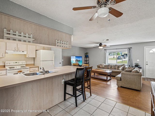 kitchen featuring light countertops, open floor plan, a sink, white appliances, and under cabinet range hood