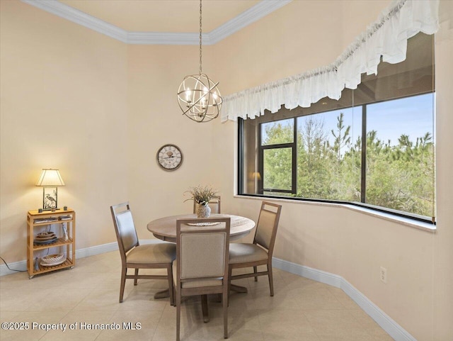 dining room featuring baseboards, tile patterned flooring, a notable chandelier, and crown molding