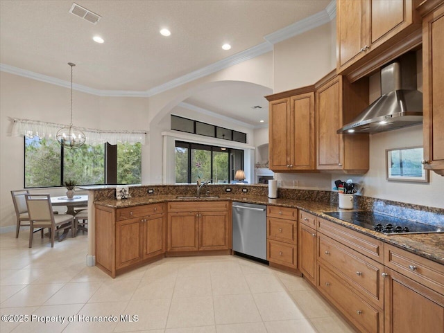 kitchen featuring black electric stovetop, visible vents, stainless steel dishwasher, brown cabinets, and wall chimney exhaust hood