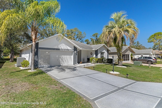 ranch-style house featuring a front lawn, central AC unit, a garage, and driveway