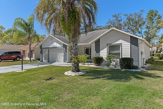 ranch-style home featuring concrete driveway, an attached garage, brick siding, and a front lawn