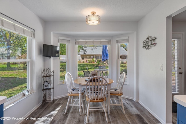 dining space featuring dark wood-style floors, baseboards, and a textured ceiling