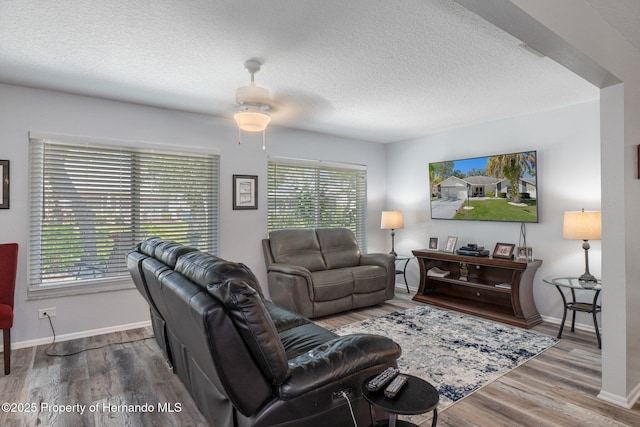 living area featuring wood finished floors, baseboards, and a textured ceiling