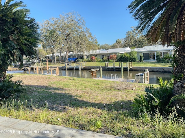 view of yard with a water view and a boat dock