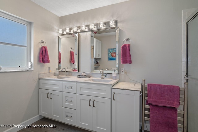 bathroom featuring a sink, baseboards, wood finished floors, and double vanity