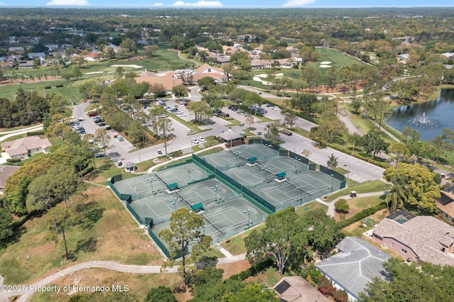 aerial view featuring a residential view and a water view