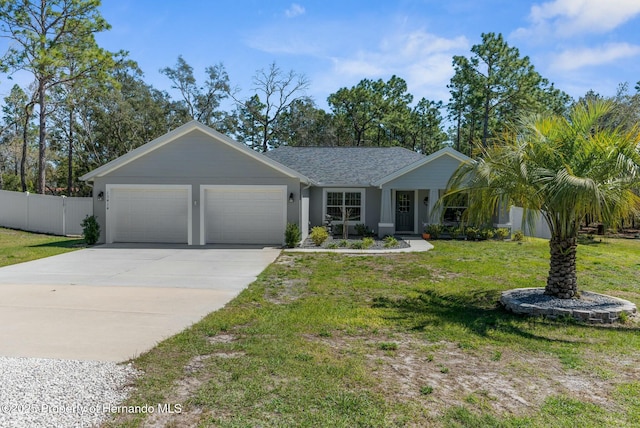 single story home with a shingled roof, concrete driveway, a front yard, fence, and a garage