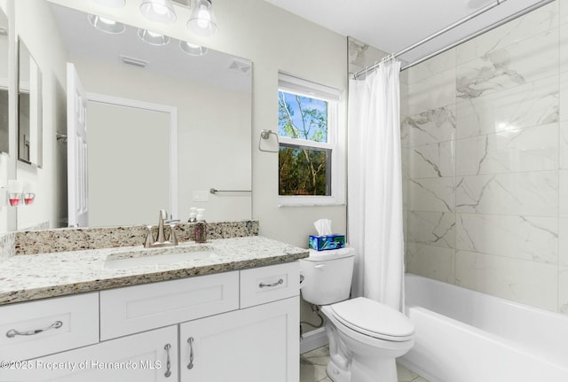 bathroom featuring visible vents, shower / bath combination with curtain, vanity, and toilet