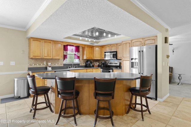 kitchen with a tray ceiling, appliances with stainless steel finishes, decorative backsplash, and crown molding