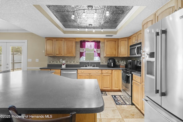 kitchen featuring tasteful backsplash, crown molding, a tray ceiling, stainless steel appliances, and a sink