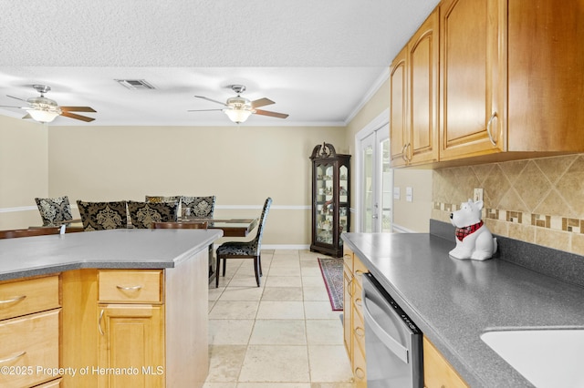 kitchen featuring visible vents, light tile patterned flooring, decorative backsplash, stainless steel dishwasher, and dark countertops