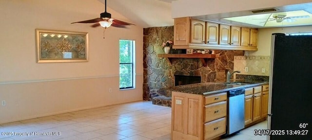 12437 Drayton Dr, Spring Hill, FL 34609 - kitchen with freestanding refrigerator, dishwasher, a ceiling fan, and a sink