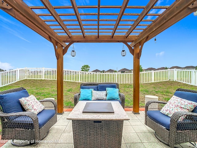 view of patio / terrace featuring an outdoor living space, a pergola, and a fenced backyard