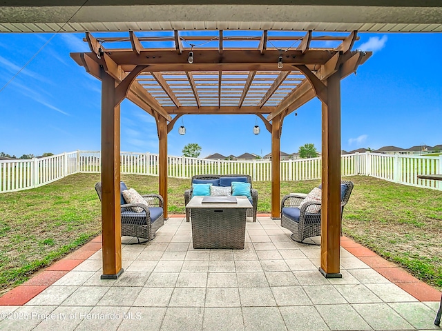 view of patio with an outdoor hangout area, a fenced backyard, and a pergola